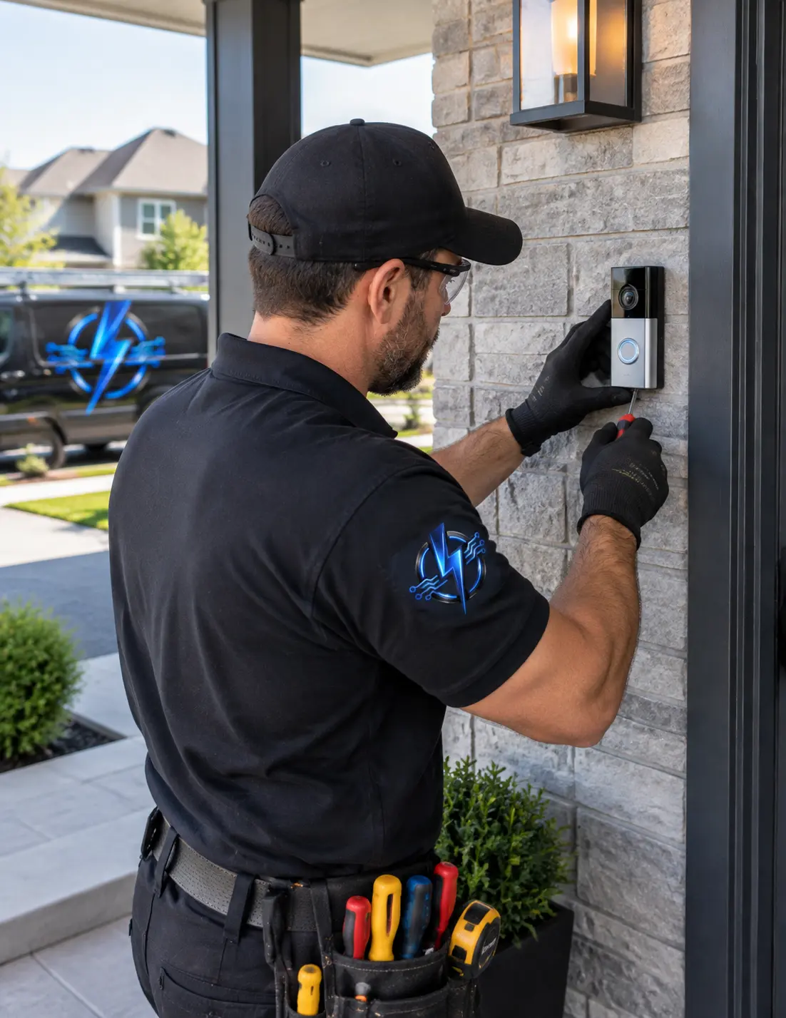 Electrician wiring a doorbell transformer and low-voltage system in a Brantford home